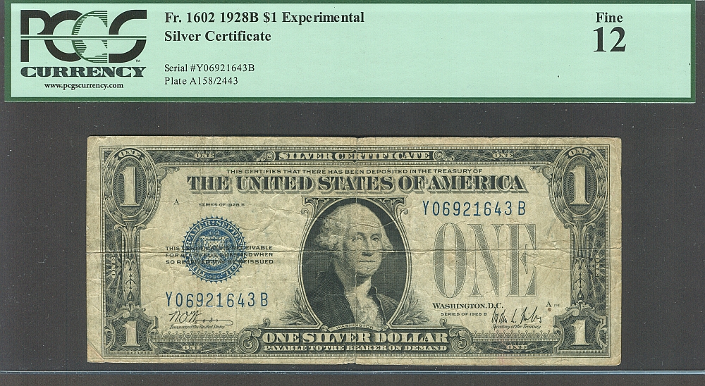 Fr.1602, 1928B $1 Silver Certificate, Y-B Block Experimental Note, PCGS-12
